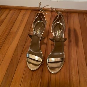Aquazzura Linda gold leather high heel sandal. Size 39 (euro), size 8 (US).